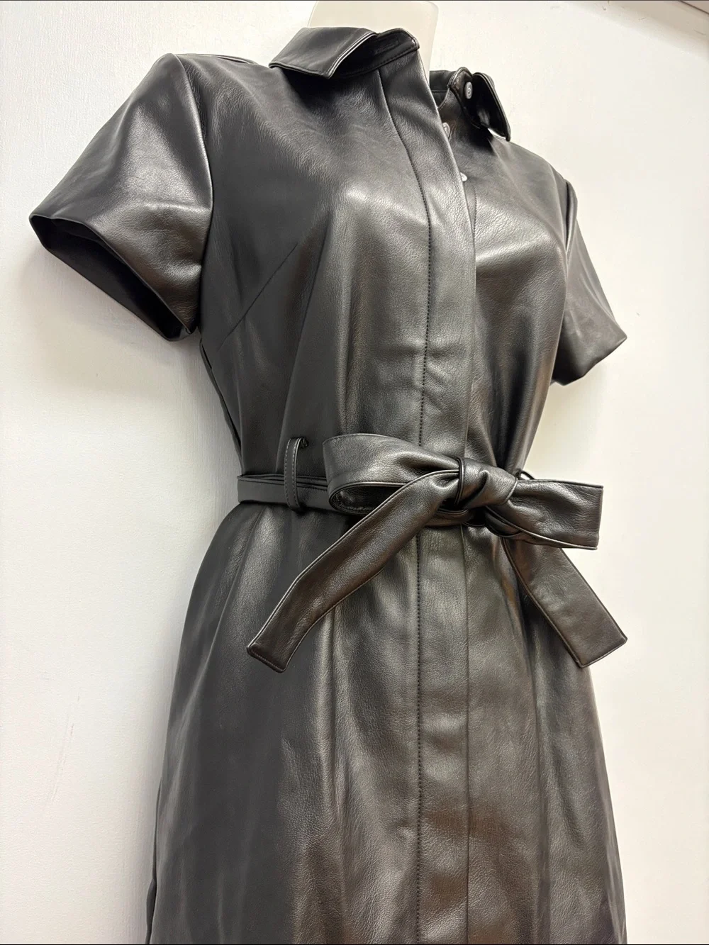 J. Crew Faux Leather Shirt Dress Black Belted Midi Dress Size 2 NWT